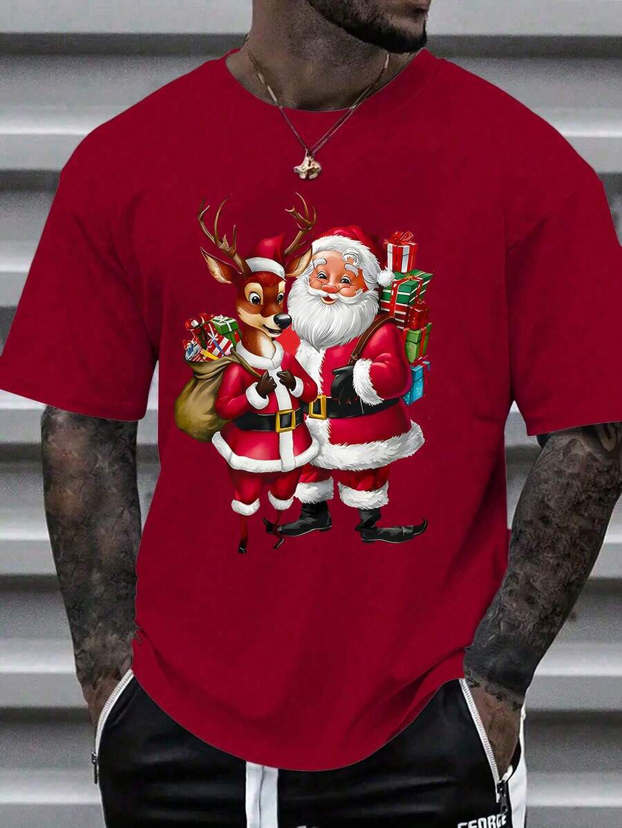 2024 Fun Christmas Series 3D Impresión digital Camiseta de manga corta transpirable de malla suelta de verano para hombre