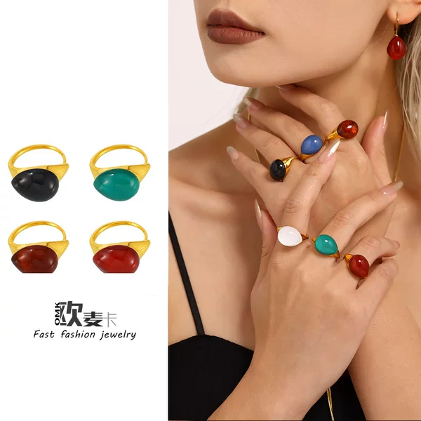 Oumika high texture multi-color water drop resin opening adjustable stainless steel ring Europe and the United States cross-border in stock supply