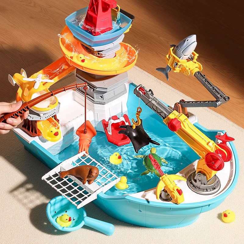 Three-In-One Happy Fishing Boat Cute Water Play Large Fishing Platform Children's Water Toy Fish Catching Backlog Water Spray