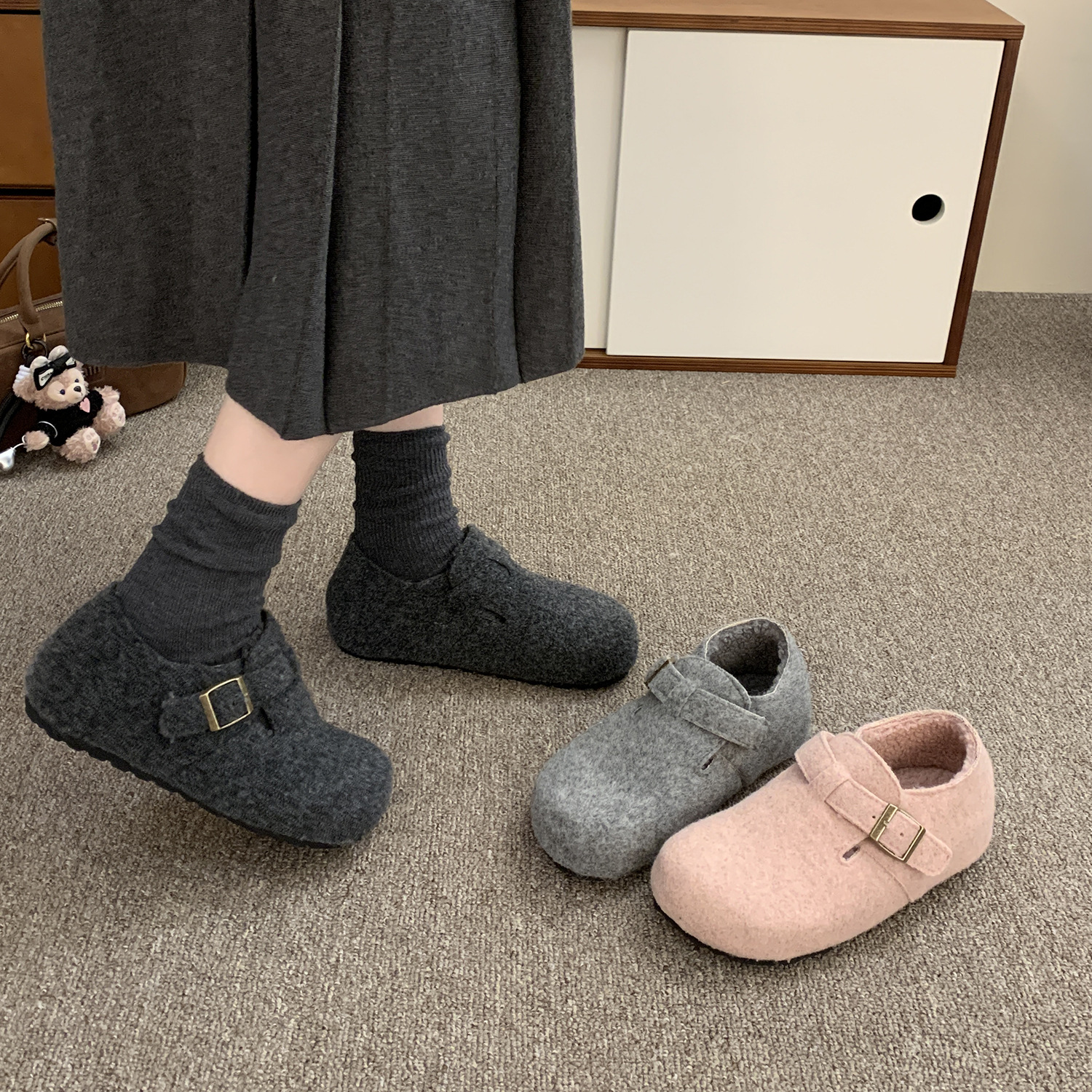 4CM~内增高勃肯鞋女厚底加绒棉鞋子女冬新款毛毛鞋女外穿呢子单鞋