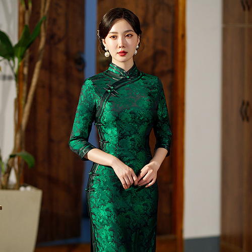 Chinese Retro dark green Qipao Cheongsam Dress for Women GirlsChinese wind restoring ancient ways cheongsam long long sleeve cultivate qipao dress