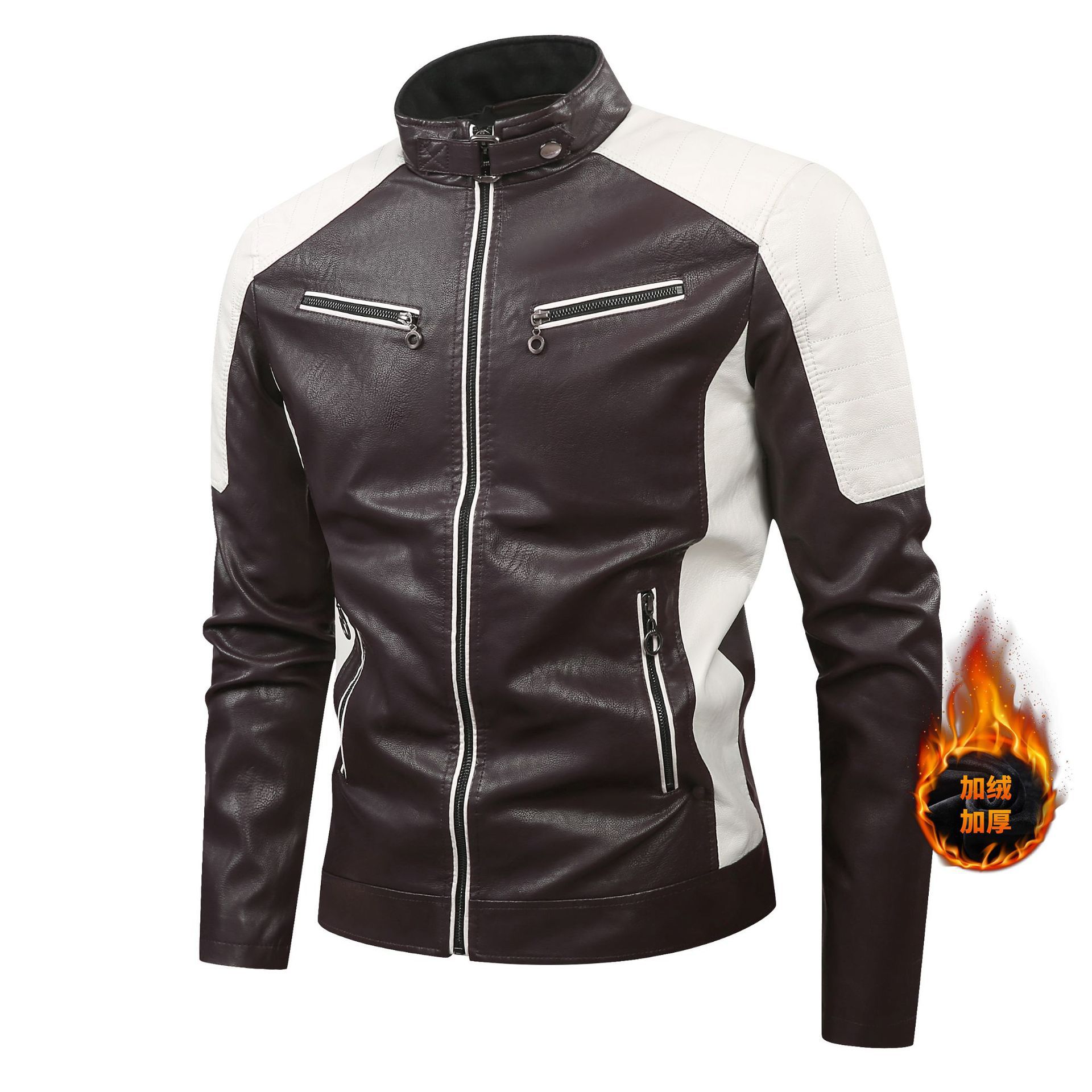 2025 Amazon nuevo hombre locomotora chaqueta de cuero chaqueta con cremallera de lana chaqueta de cuero PU de moda chaqueta de comercio exterior