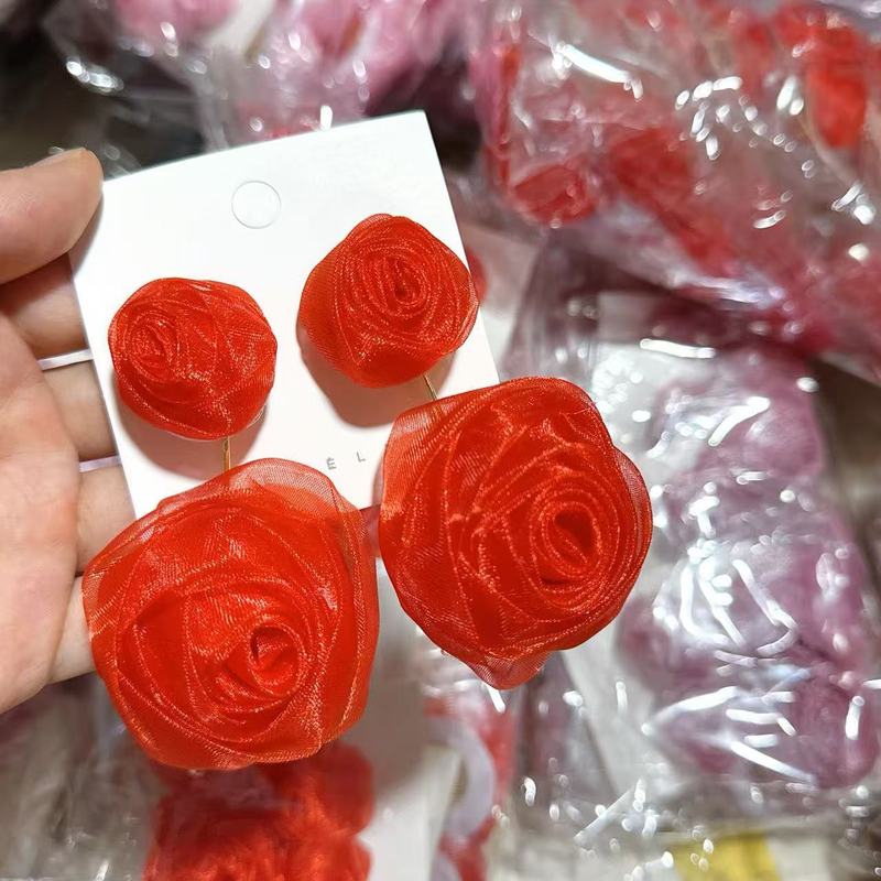 新款紫色网纱玫瑰花朵耳环 手工上下几何花卉耳坠雪纺花瓣耳饰|undefined