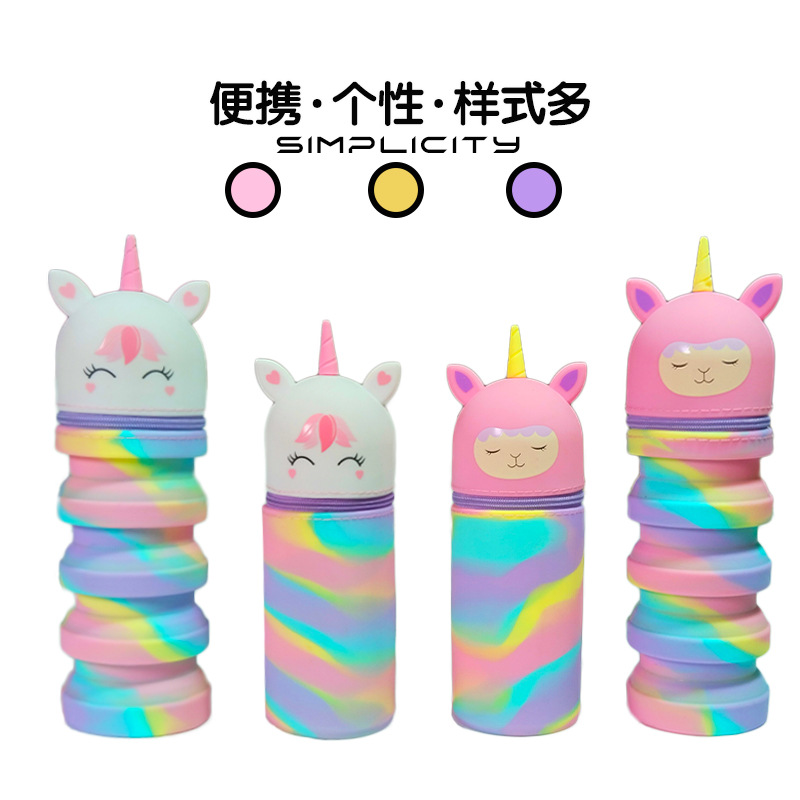 Animal encantador silicona de gran capacidad retráctil bolígrafo de cremallera bolsas de bolígrafo de papelería unicornio cilíndrico niños