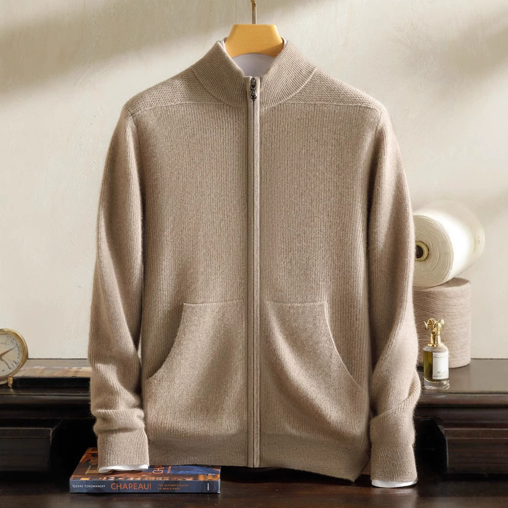 Осенний и зимний новый 100% чистый кашемировый мужской кардиган с полувысоким воротником рыхлый утолщенные теплые молнии повседневный вязаный свитер