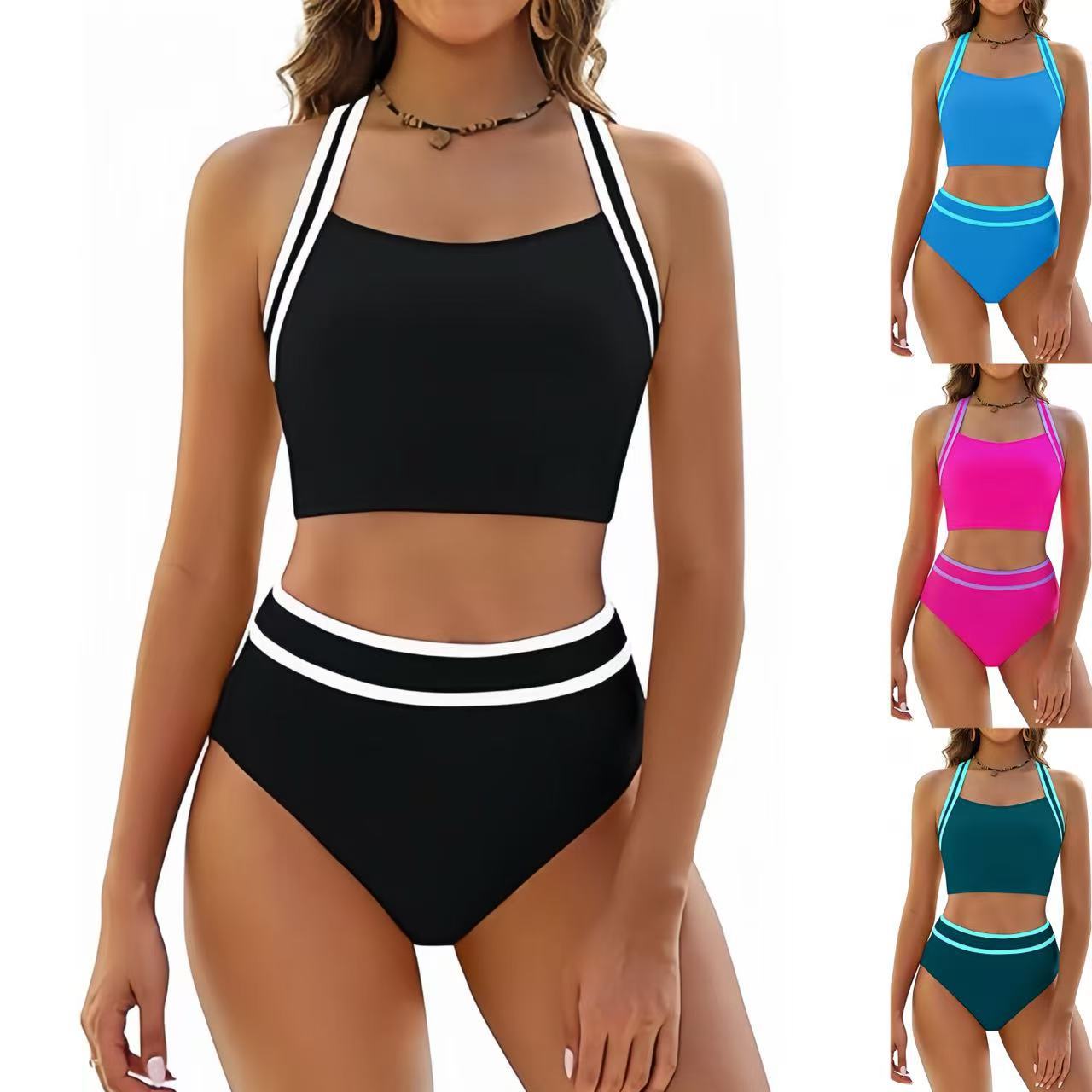 2026 New High Waist Black And White Contrast Color Fashion Sports Swimsuit Women's High-end Beach Vacation Bikini_voghion.com