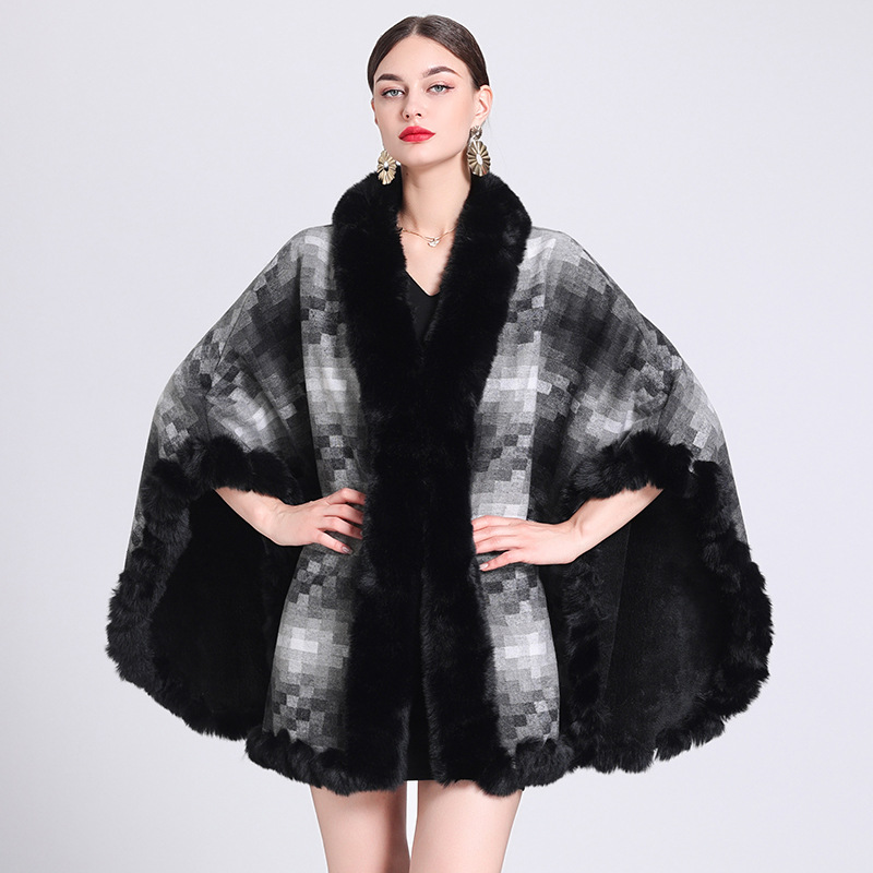 Fleece thickened plaid collar cape cape loose large size knitted cardigan coat for women_voghion.com