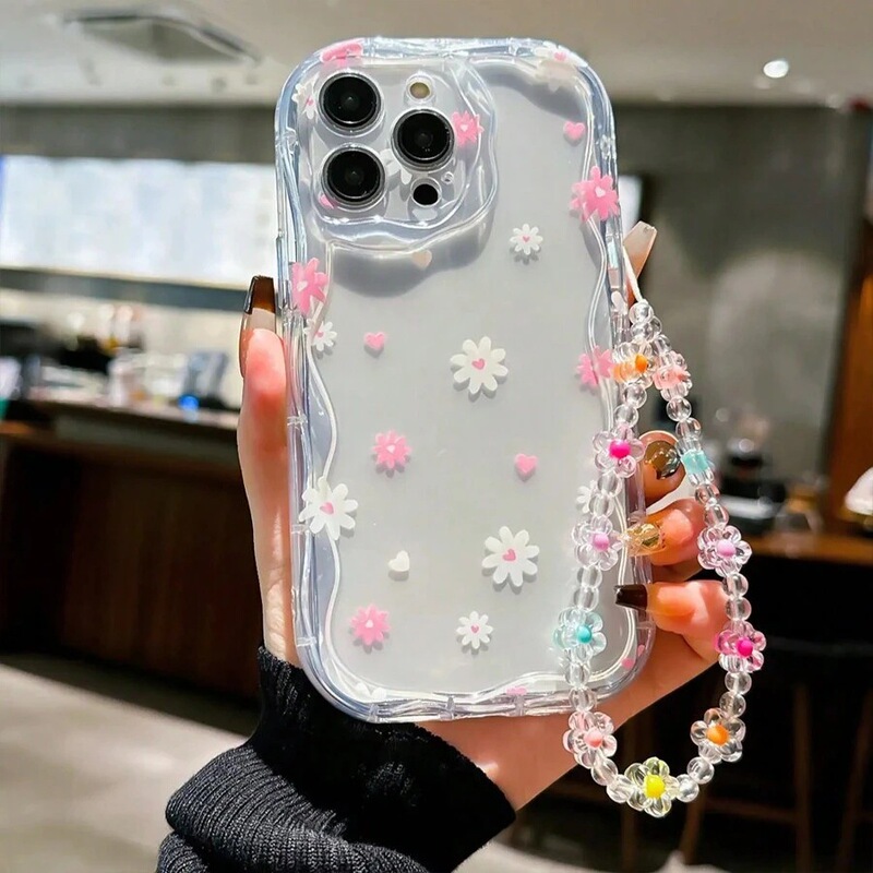 Pink and White Daisy Suitable for Apple 16Promax Mobile Phone Case 15 Curved Edge 14Plus Cross-Border 13 European and American 12 Chain 11