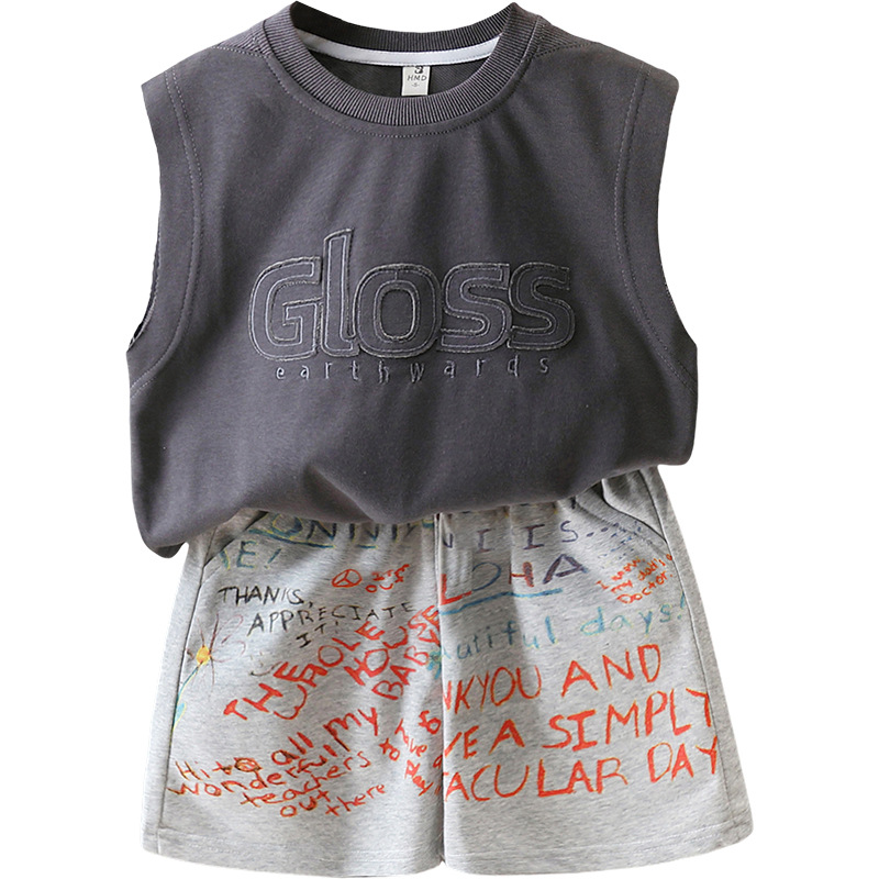 5601 traje de chaleco para niños 2025 nuevo estilo estilo occidental bebé verano sin mangas ropa niño verano traje de dos piezas marea