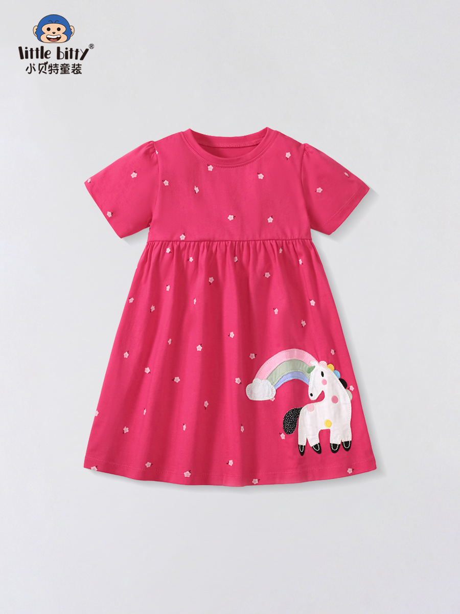 2025 Summer New Kids Cute Fashion Short Sleeve dress Embroidered Animal Girl Princess Dress Children's Wear