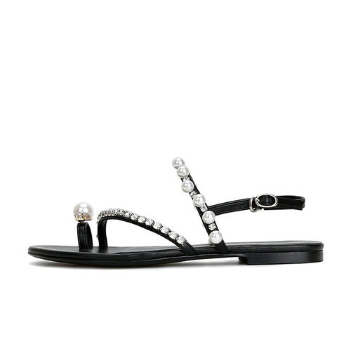 【sheii Su Yinyin】Delicate Girl~ Rhinestone Pearl Open-Toe Sandals Flat  Summer Large Size Women's Shoes