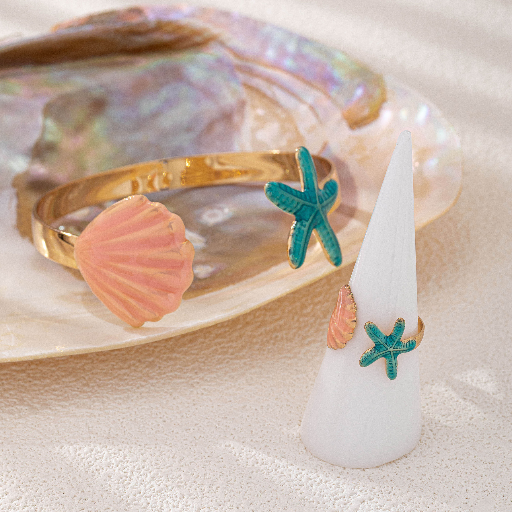 Starfish And Shell Bracelet And Ring Set For Women Summer Style_voghion.com