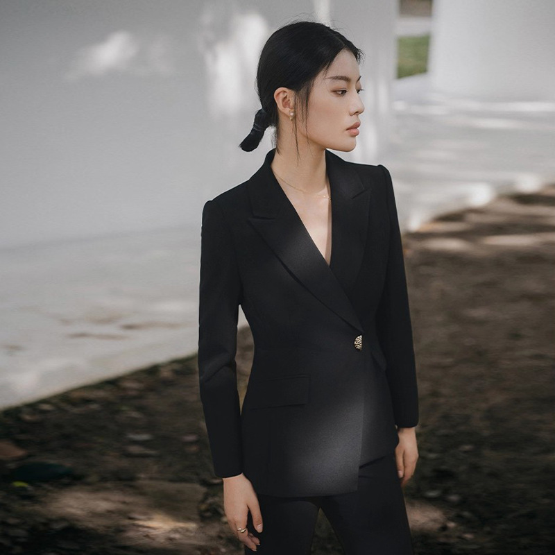 春秋新款黑色不对称设计感职业女裤修身套装经理商务正装工作服OL|undefined