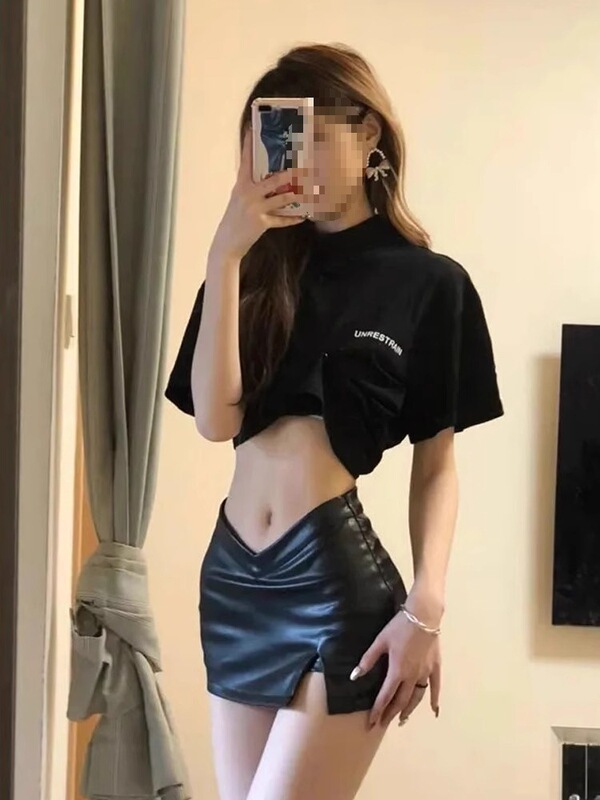 Black Hot Girl Low Waist Skirt Women's Autumn Split Short Pants Skirt pu Leather Skirt Sexy Hip Skirt Xs