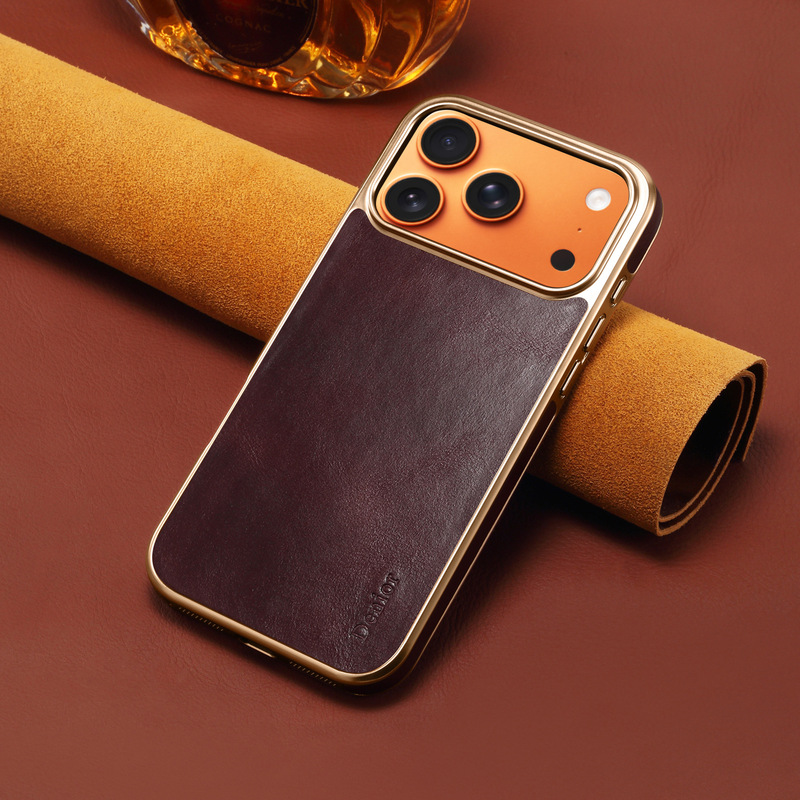 Denior Is Suitable for Apple 17 Genuine Leather Phone Case Iphone17Promax Protective Cover Air Cowhide Electroplated Case