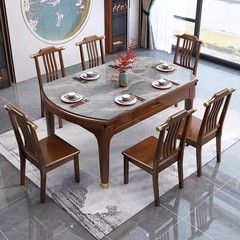 新中国式岩板食卓実木小戸型家庭用伸縮折り畳み周囲両用多機能可変円食卓