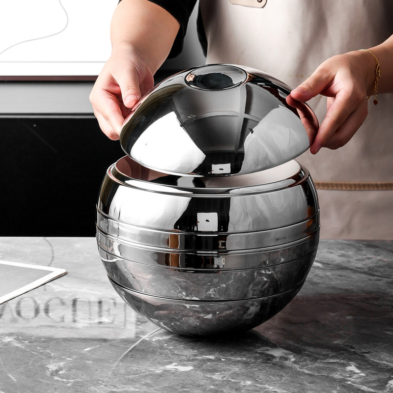 Artistic Sphere Ornaments 304 Stainless Steel Sphere Set Bowl and Plate Seven-Piece Set Glossy Bowl Double-Layer Anti-Scalding Bowl and Plate