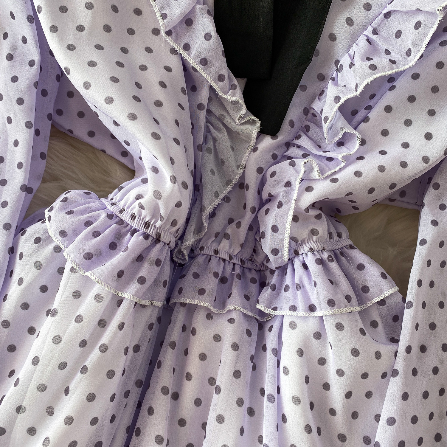 Women's French Sweet Color Block Bow V Neck Long Sleeve Dress Summer Polka Dot Ruffle Hem Elegant Long Skirt_ecoleips.com