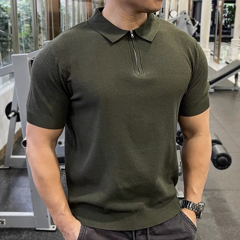 Camisa POLO, solapa, suéter de manga corta, media cremallera para hombre, fitness, músculo, delgado, tendencia empresarial, comercio exterior transfronterizo al por mayor