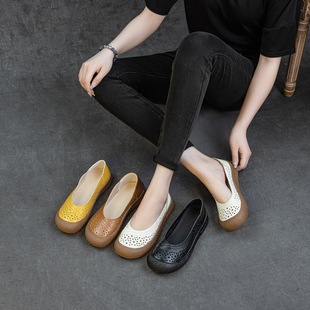 First Layer Cowhide Hollow Women's Shoes Spring and Summer New Flat Round Head Loose Slip-on Shallow Mouth Comfortable Breathable Women's Shoes