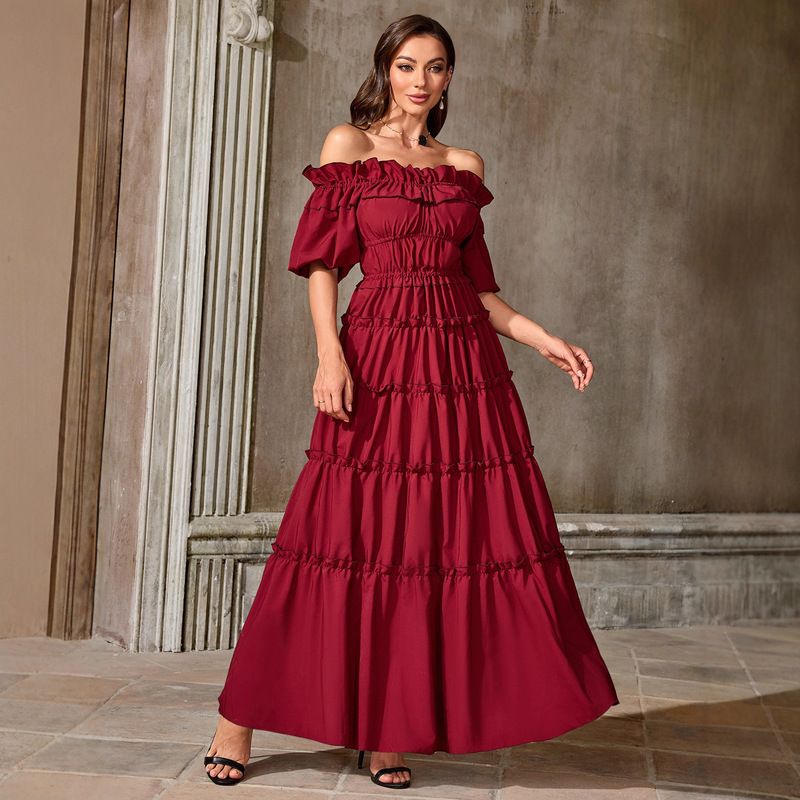 European and American Amazon Cross-Border Women's Clothing New One-Shoulder Dress Halloween Cos Ruffle Long Dress Gown