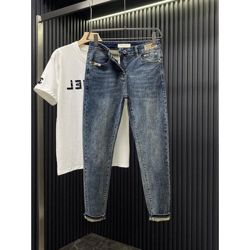Men's Jeans Spring and Summer New Personalized Embroidered Logo Simple Versatile Slim Fit Korean Style Trendy Cropped Pants