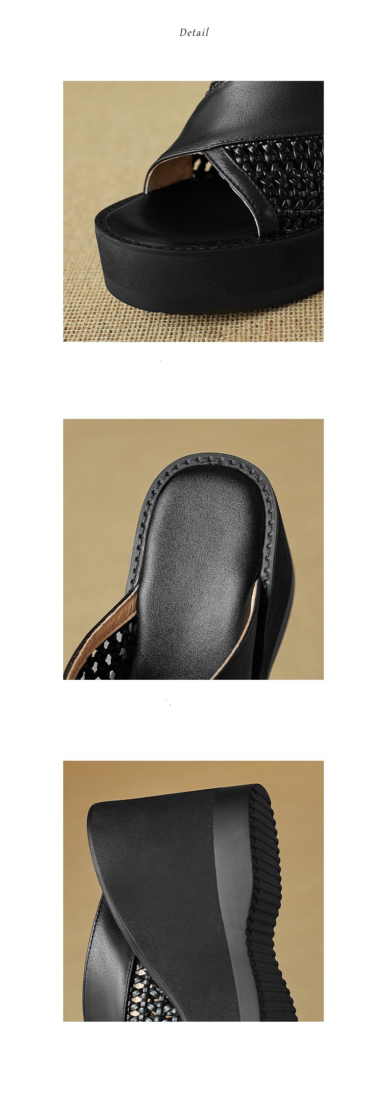 Sandal cao gót nữ mũi cá dày đế xuồng, chất liệu da bò đầu, thiết kế đan rỗng quai ngang — đen chi tiết 12