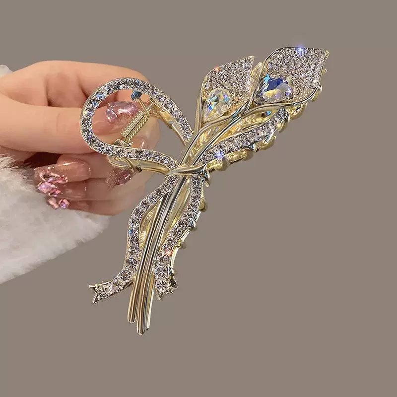 郁金香花朵水钻发夹女金属大号鲨鱼夹后脑勺高级发饰