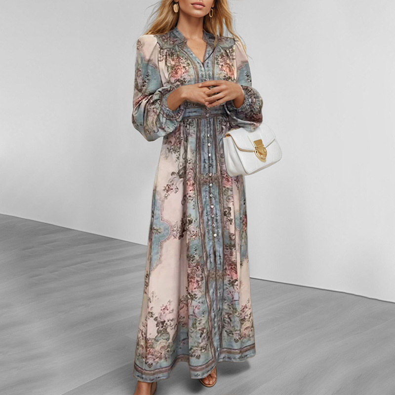 Flower Pattern Wholesale Women's Elegant Flower Casual Holiday Daily V Neck Long Sleeve Sheath Dress