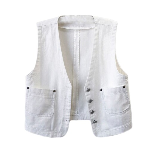Simple white casual denim vest for women, short sleeve spring and summer sleeveless backless vest, can be worn over a denim jacket or cape.