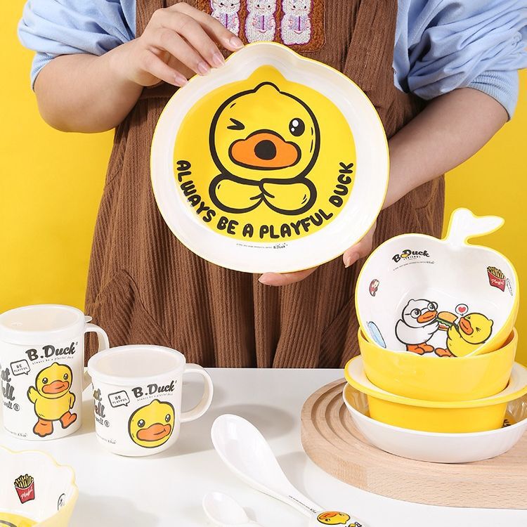 Wuhe little yellow duck children's tableware Bowl Spoon suit food grade anti-scald anti-fall baby special cartoon grid plate