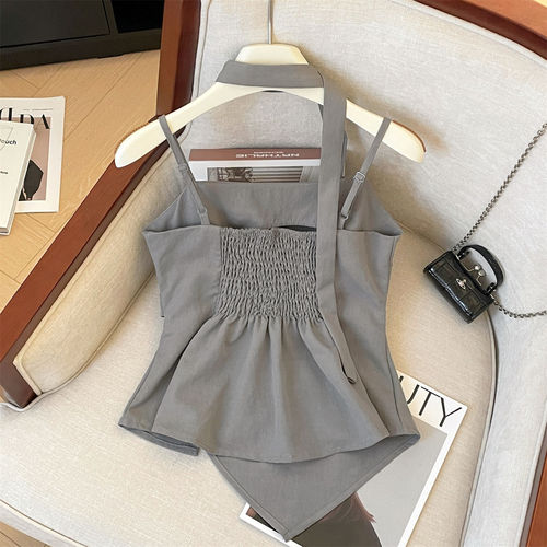 Gray high-end sling vest women's summer new irregular pleated temperament streamer beautiful back sleeveless top