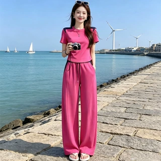 欧货休闲运动套装女2026新款夏季时尚洋气撞色圆领正肩短袖两件套