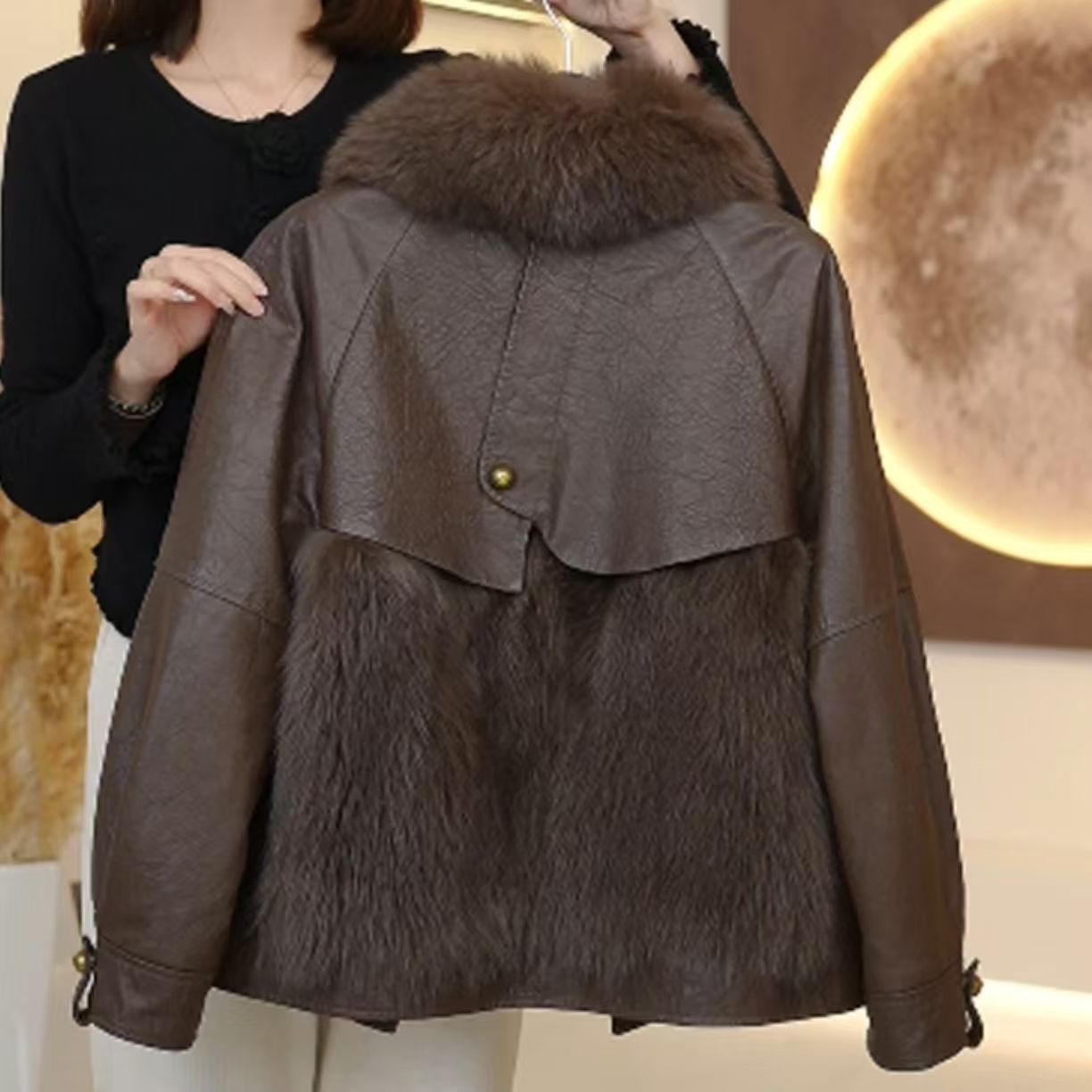 Haining Leather Jacket Women's 2025 Autumn and Winter New Style Cotton Thickeneded Imitation Fox Fur Winter Fur Outwear Women