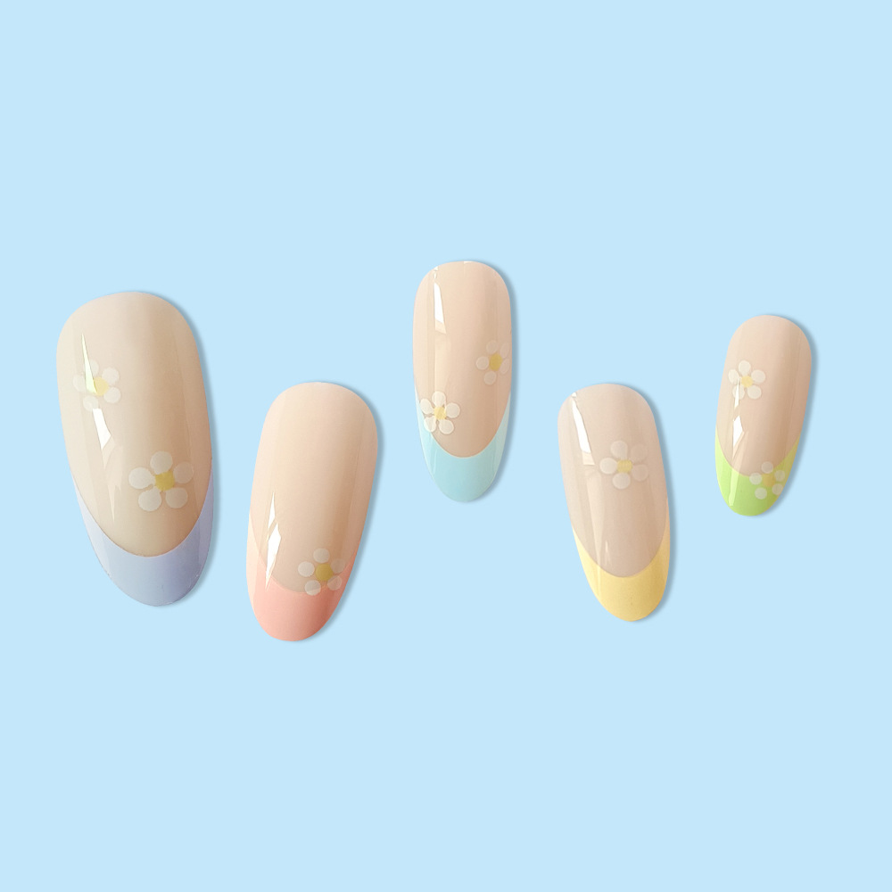Fresco arco iris flor francesa manicure comercio exterior primavera y verano dulce desgaste de uñas mezcladas lote 24 piezas de parche de uñas universal