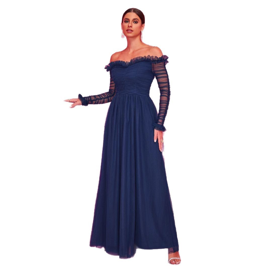 Evening dress, lace shiffon long skirt, Amazon, European style, open shoulders 5