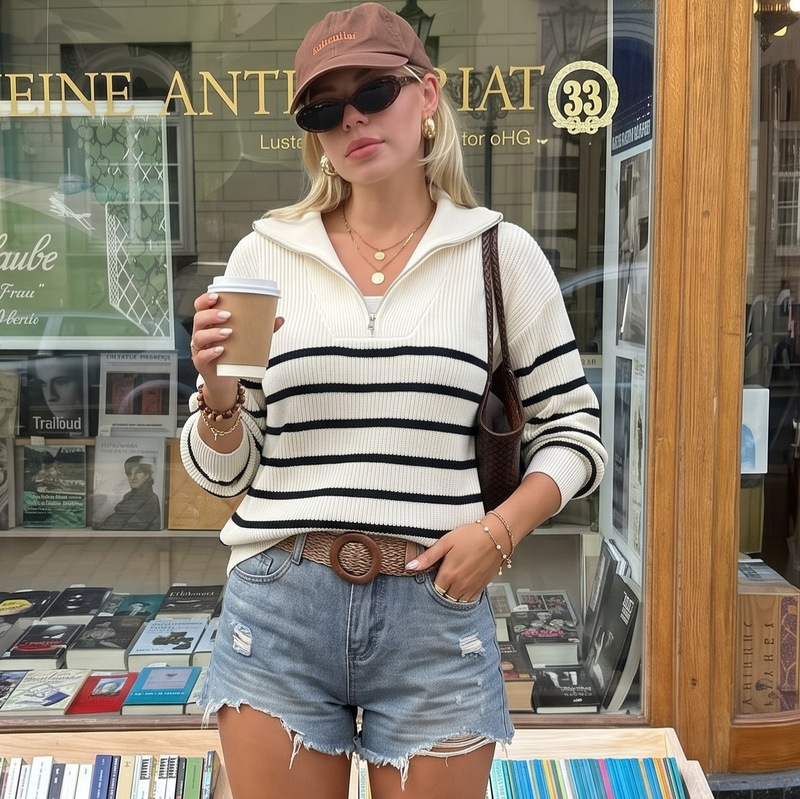 Women's Sweater with Half-Zip Polo Collar, Striped Pullover, Loose Fit, European and American Cross-Border Women's Clothing, ODM Source Factory