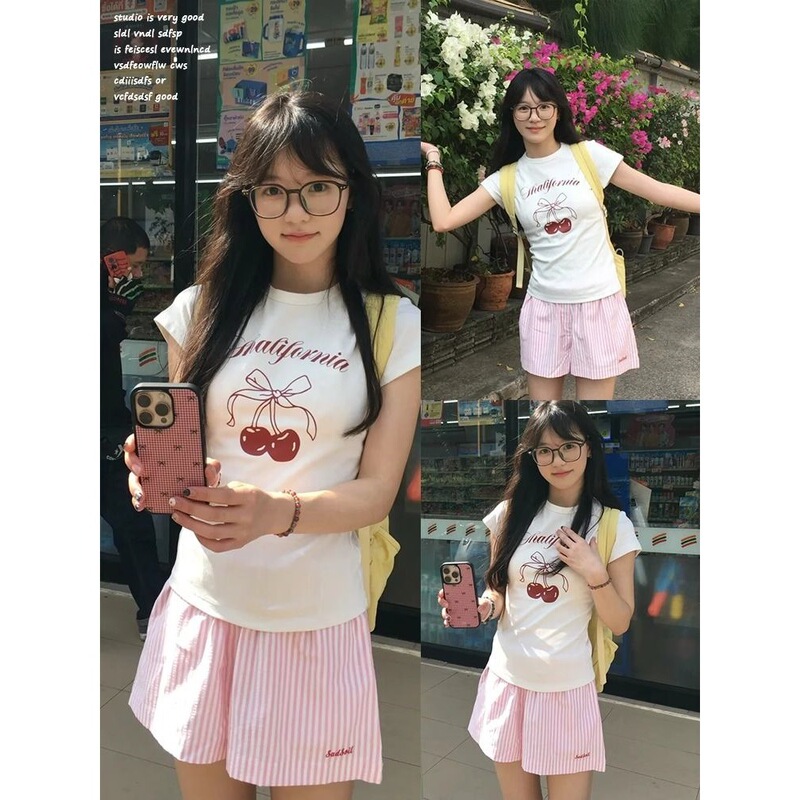 [in Stock] Pink Pants 2026 Striped Shorts for Women Summer New High-Waisted Wide-Leg Home Sports Ins Hot Trend