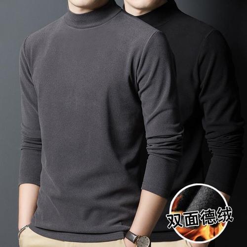 Men's Semi-High Collar Long-Sleeve T-Shirt with Fleece, Autumn/Winter Slim Fit Black Innerwear Fashion Cozy Underwear Top for Men