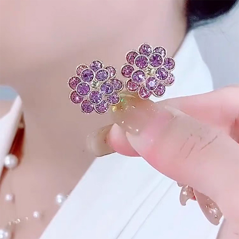 耳飾氣質時尚紫色水晶花朵耳環女2024新款設計感夏季耳釘耳扣
