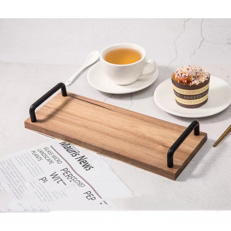 Acacia de madera cinta de madera mango de metal Acacia madera sólida bandeja de madera pastel bandeja de fruta bandeja de té de la tarde