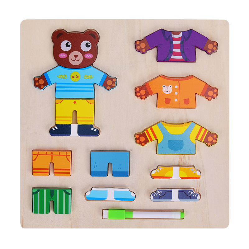 Personajes de madera para niños Vestir Tablero de dibujo de rompecabezas para niñas Tablero de escritura de graffiti Educación temprana Juguetes educativos al por mayor