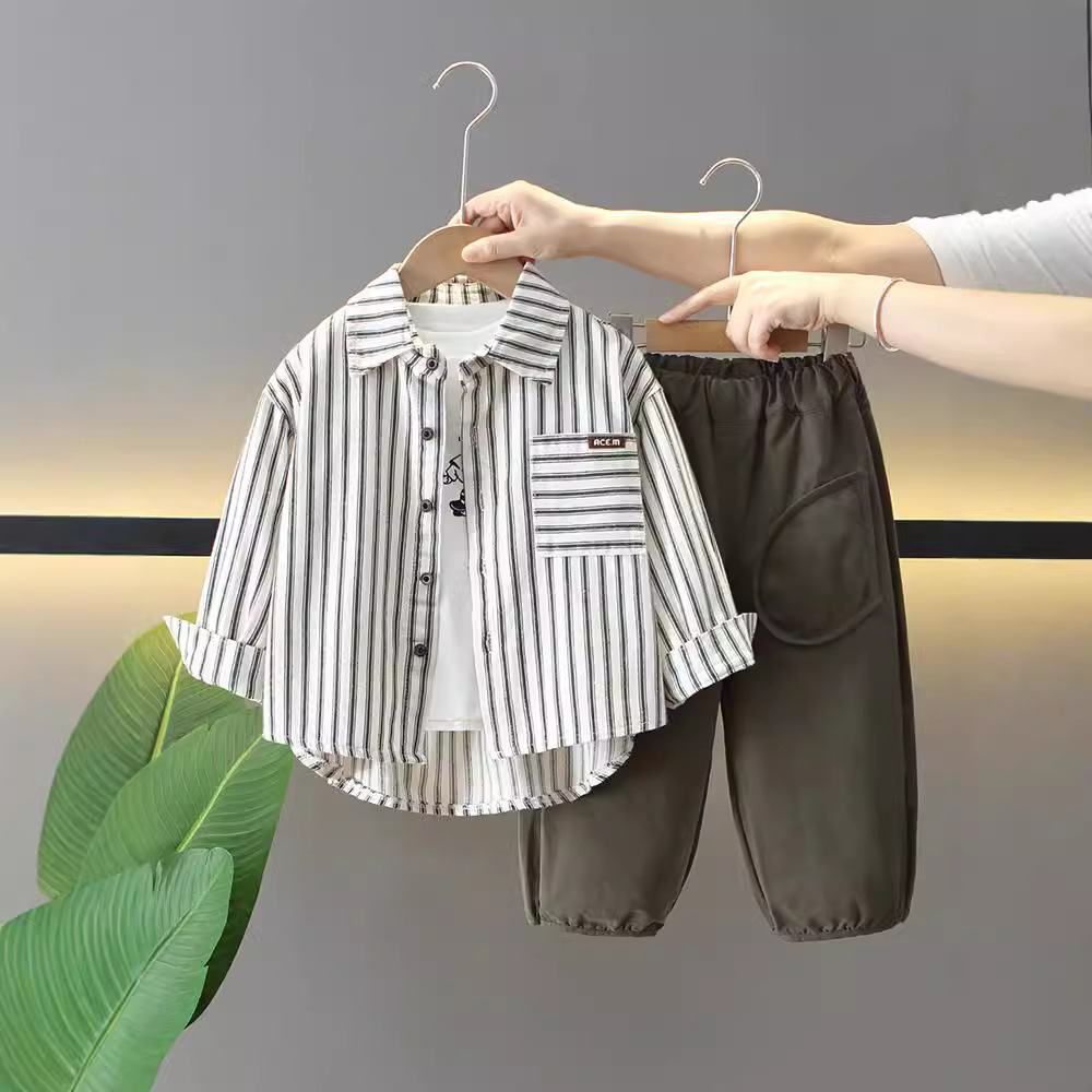 6144 Traje de otoño para niños 2025 Nuevo bebé Primavera y otoño Camisa casual coreana para niños Chaqueta de tres piezas