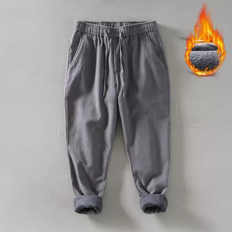 L8234 теплые Прямые повседневные хлопковые брюки из рами, мужские свободные ретро брюки с флисовой подкладкой на шнурке, поколение волос