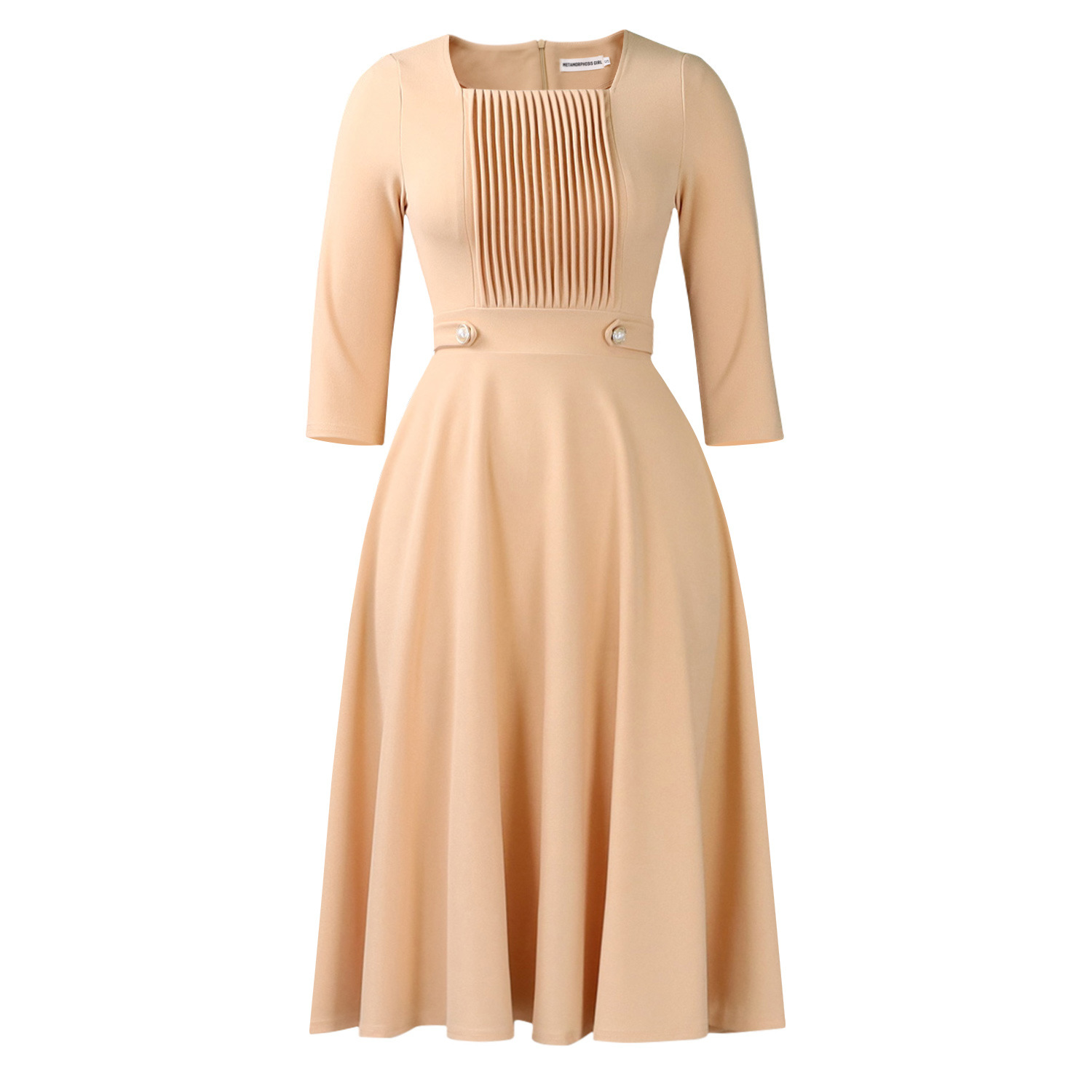 Women's Square-Neck Pleated Solid Color High Waist Dress