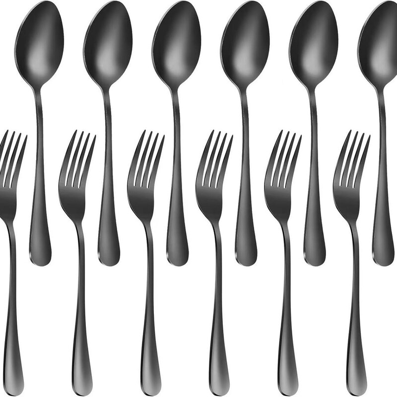12-Piece Set of Black Food-Grade Stainless Steel Cutlery, 6 Forks and 6 Spoons, Suitable for Home Kitchens