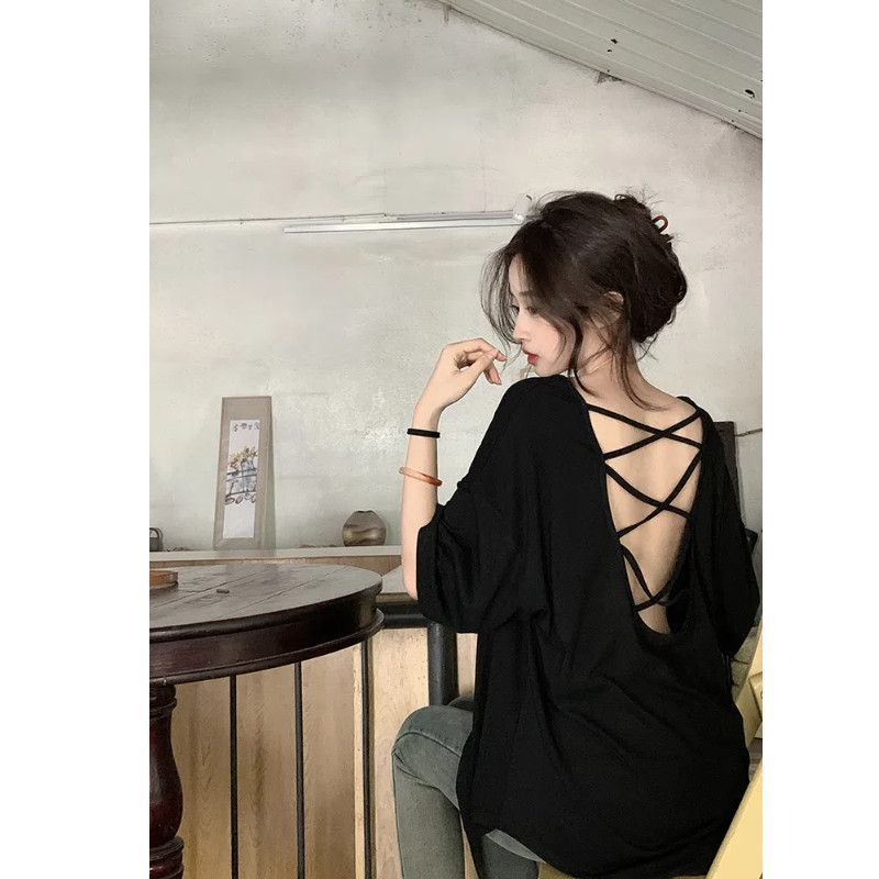 Camiseta de manga corta sin espalda de gran tamaño con máquina de cuidado para mujer 2024 verano nuevo estilo perezoso casual suelto top de longitud media image 8