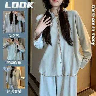 韩版简约风德绒睡衣女秋冬季加绒长袖长裤套装学生可外穿家居服
