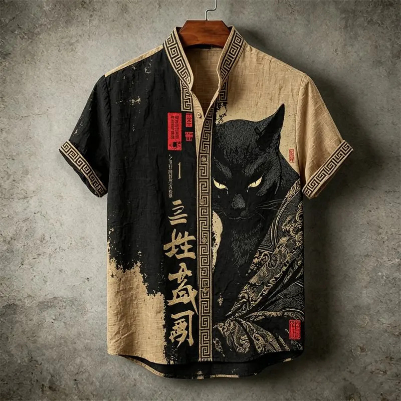 Retro Chinese Style Short-Sleeved Shirt for Men, New Summer Style, Ink Cat Pattern, Linen Loose Trendy Men's Printed Shirt Retro Chinese Style Short-Sleeved Shirt for Men, New Summer Style, Ink Cat Pattern, Linen Loose Trendy Men's Printed Shirt