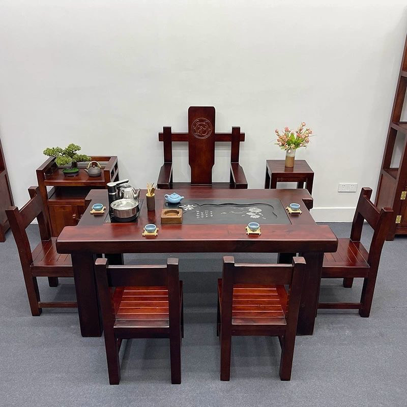 Mesa de té de madera de barco viejo, mesa y silla combinada de kung fu, mesa de té de sala de estar de madera maciza doméstica de estilo chino, conjunto de mesa de té de oficina integral